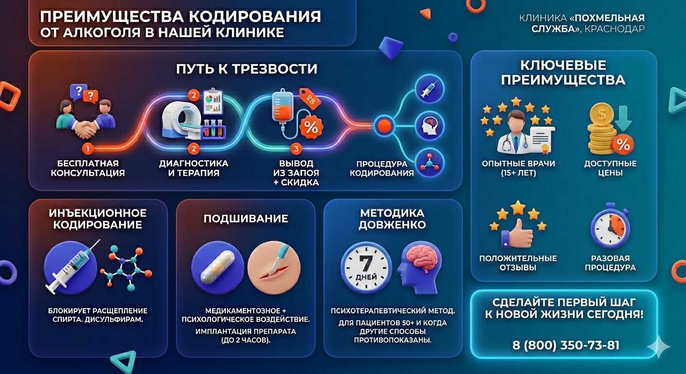 Инфографика о методах кодирования от алкоголя в Ленинске-Кузнецком: инъекции, подшивание, метод Довженко. Преимущества клиники и этапы лечения.
